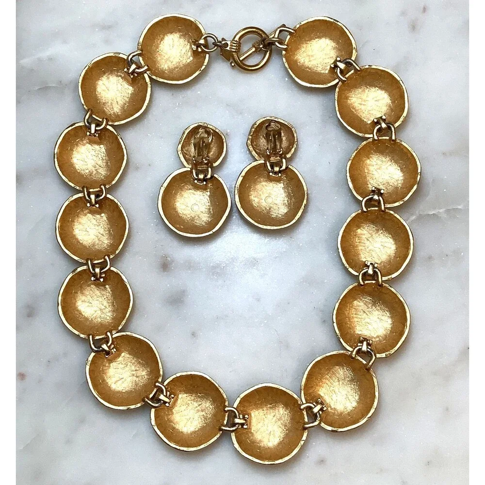 Vintage Anne Klein Necklace Earrings Set Chunky Bib Brushed Gold Collar Signed